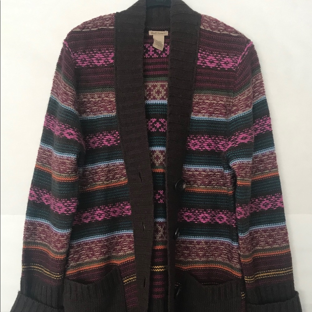 RuffHewn Fair Isle Multicolor button down Cardigan with pockets 50% wool large